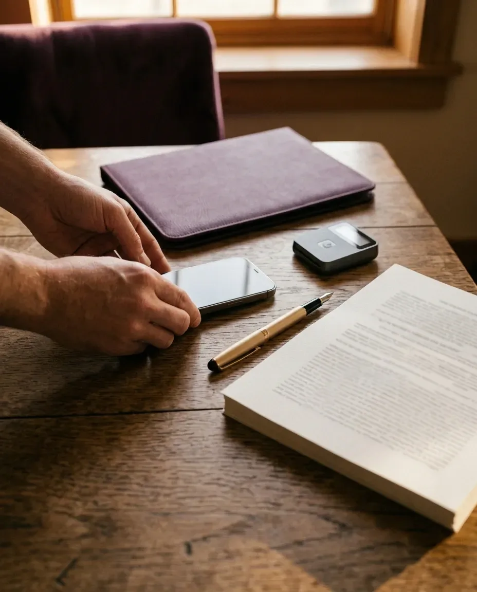 Hands at a wooden table resting a phone beside a plum leather folio and a small card reader, a printed agreement and a gold pen alongside.