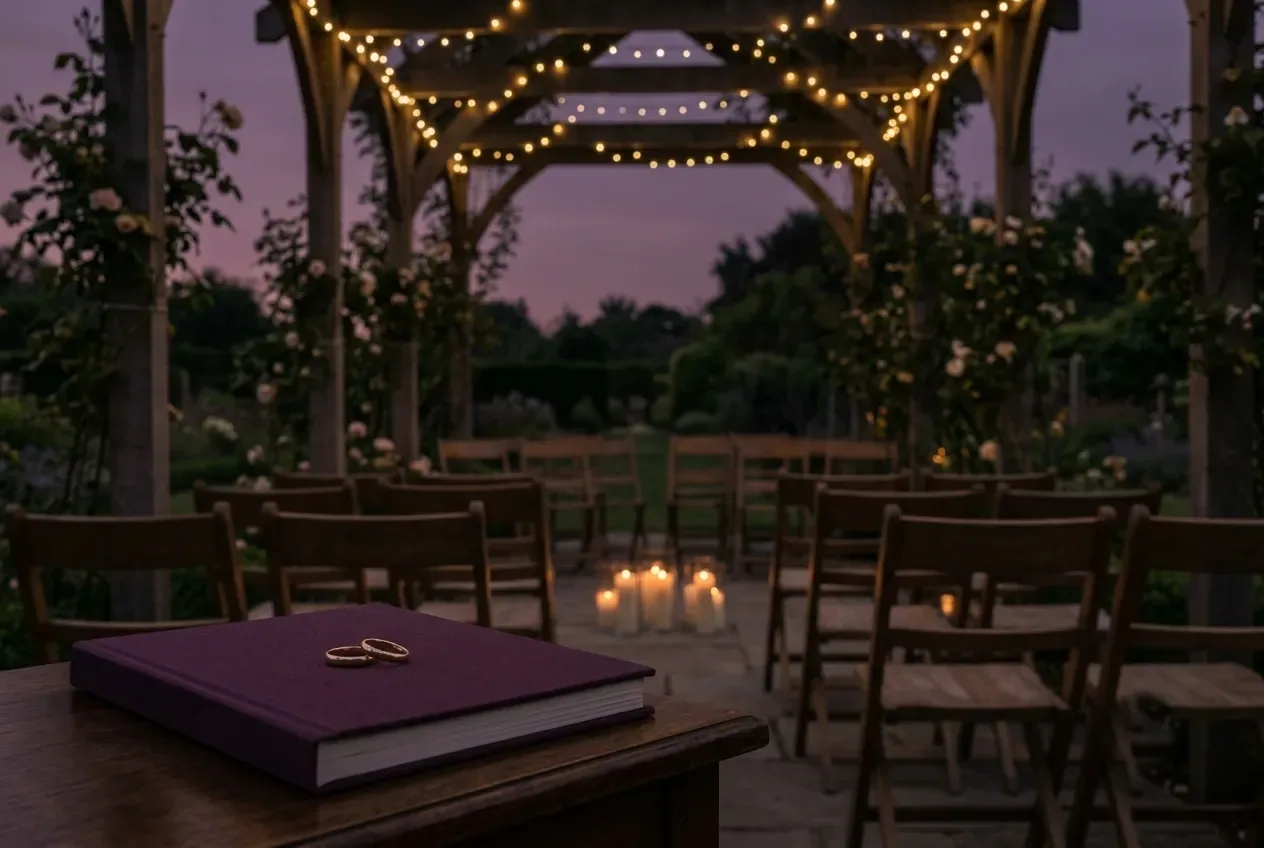 An evening garden ceremony at dusk: a plum registry book with two gold rings resting on a table, empty wooden chairs and candles beneath a rose-covered, fairy-lit pergola.