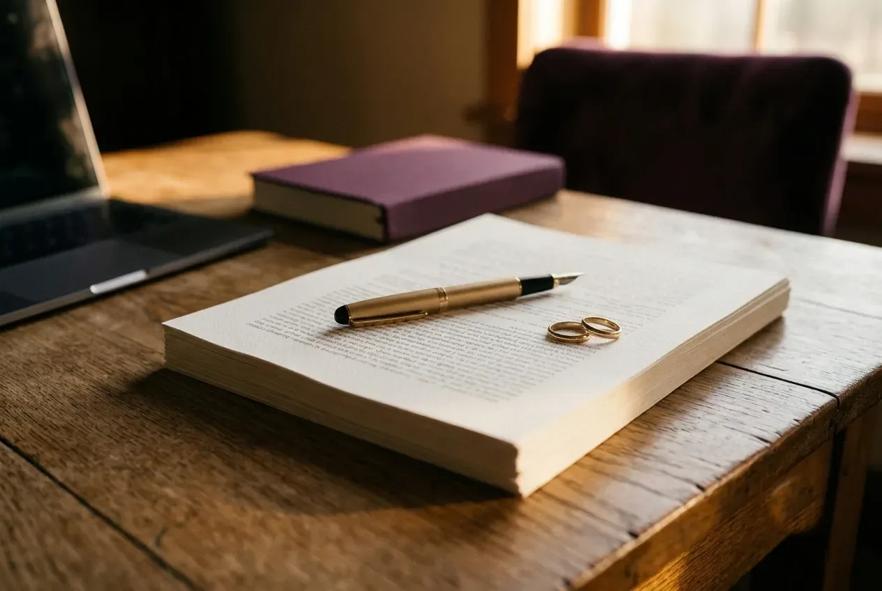A printed ceremony script open on a warm wooden desk in window light, a gold fountain pen resting across it and two gold wedding bands beside the pages, with a plum book and a laptop nearby.