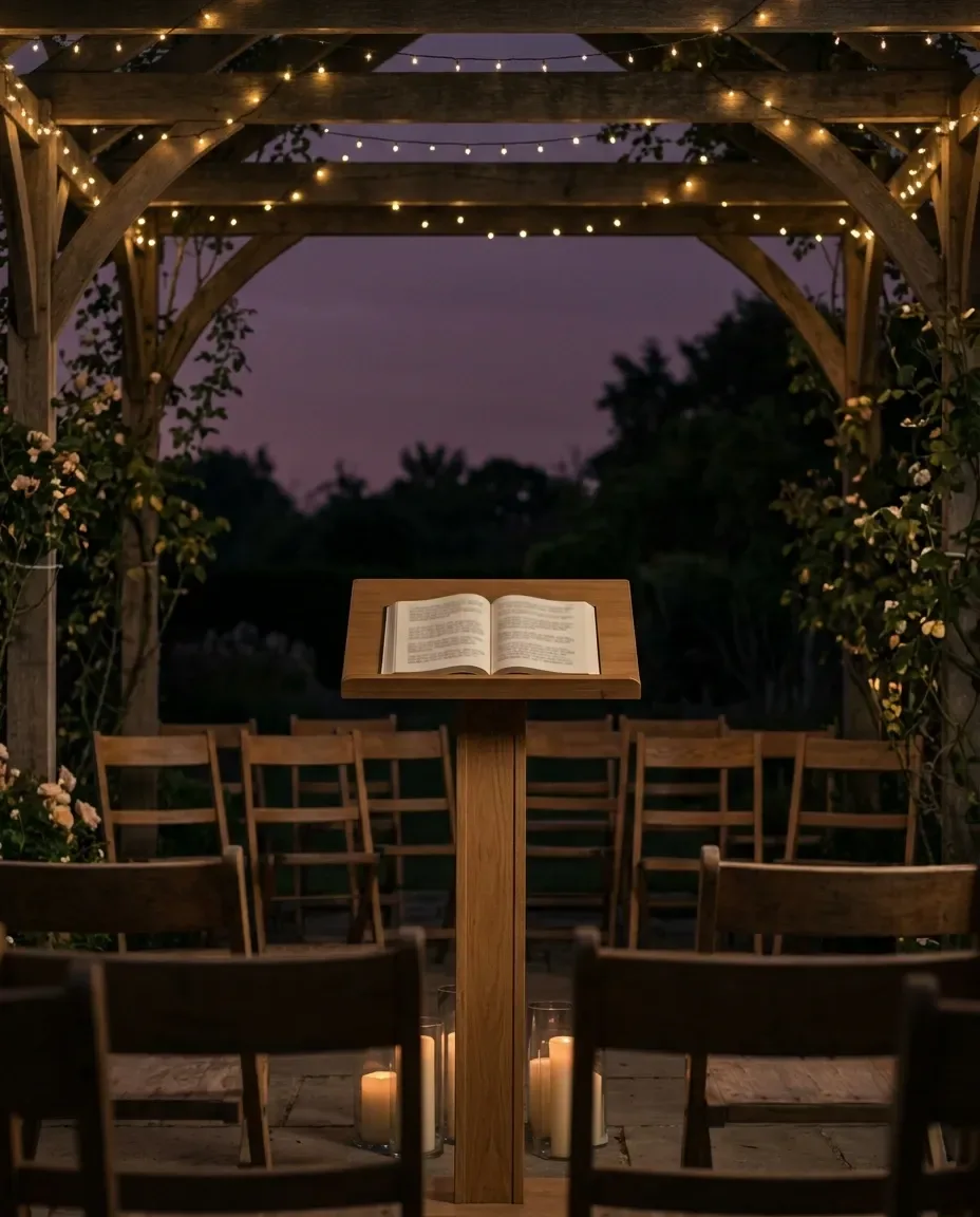 A wooden lectern holding an open book under a fairy-lit pergola at dusk, rows of empty wooden chairs and pillar candles set for an outdoor ceremony.