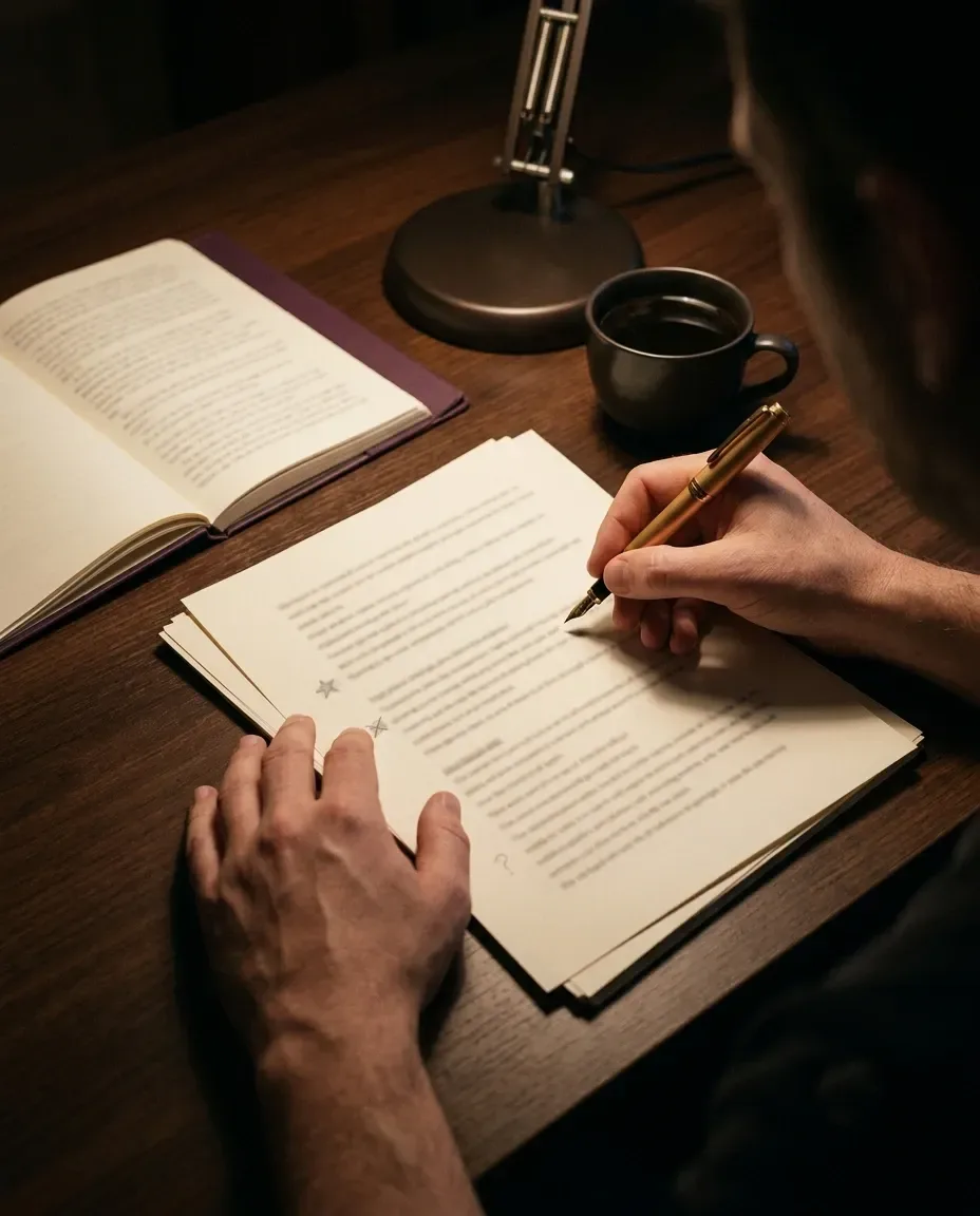 A hand writing with a gold fountain pen on a stack of printed pages under a desk lamp at night, an open book and a cup of coffee to the side.