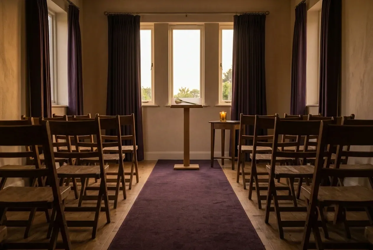 A quiet indoor room set for a small service: a wooden lectern holding an open book by a sunlit window, a lit candle on a side table, and two short rows of wooden folding chairs facing a deep plum aisle runner.
