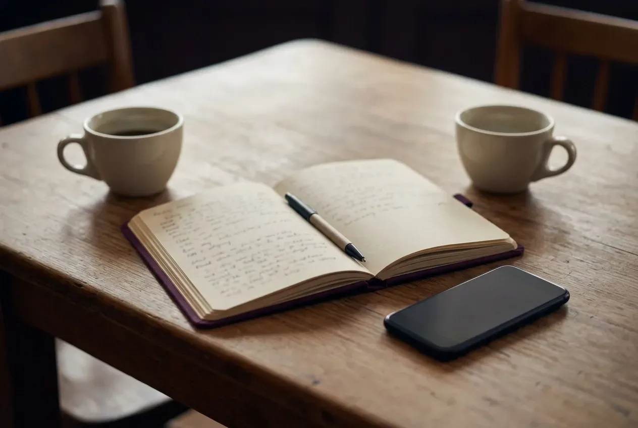 An open handwritten journal on a wooden cafe table between two cups of coffee, a pen resting in the gutter and a phone lying face-down beside it.
