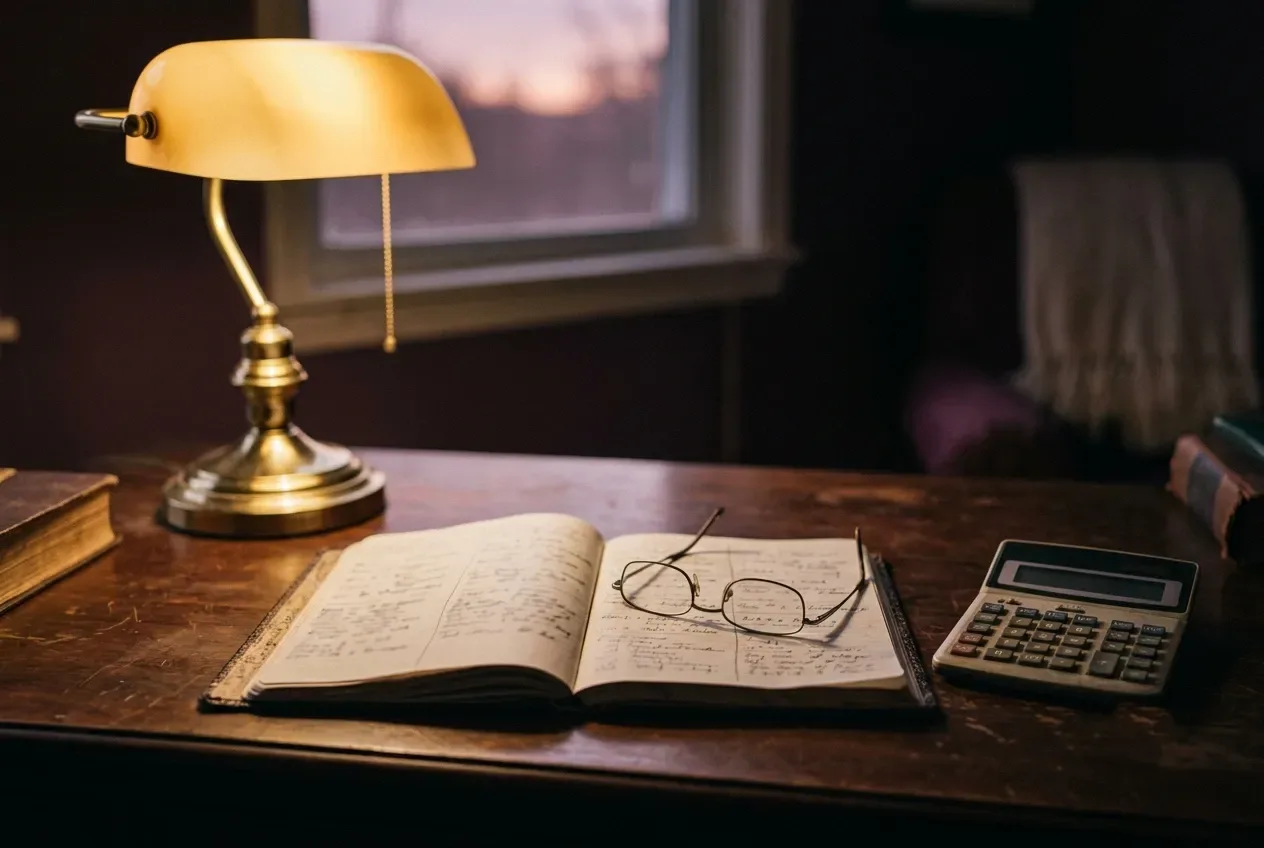 A brass banker’s lamp with a warm cream shade lighting an open ledger of handwritten columns, a pair of glasses resting on the page and a desktop calculator alongside, a dusk window behind.
