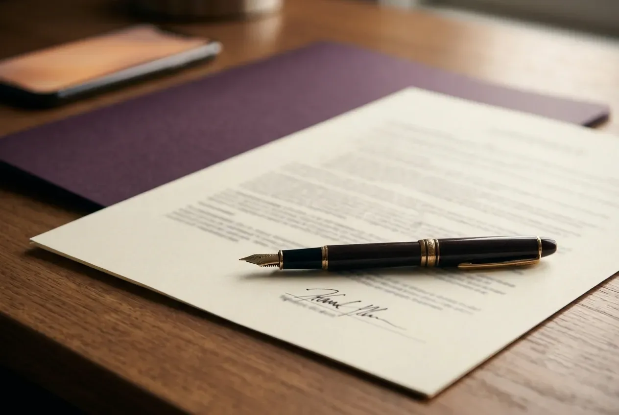 A signed cream contract on a wood desk with a dark-and-gold fountain pen laid across the signature line, a plum folder and a phone blurred behind.