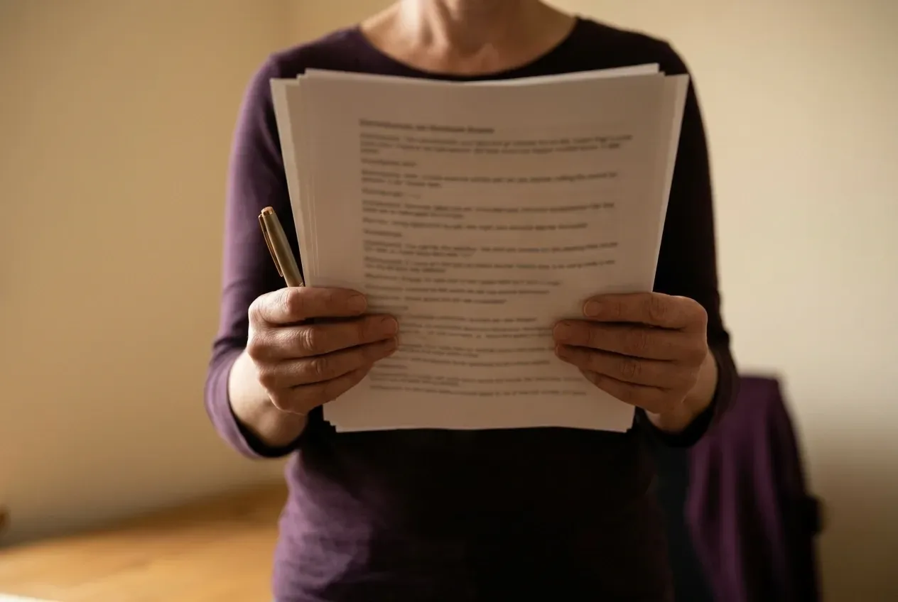A person in a deep plum top stands holding a stack of printed ceremony pages, a gold pen tucked between their fingers.
